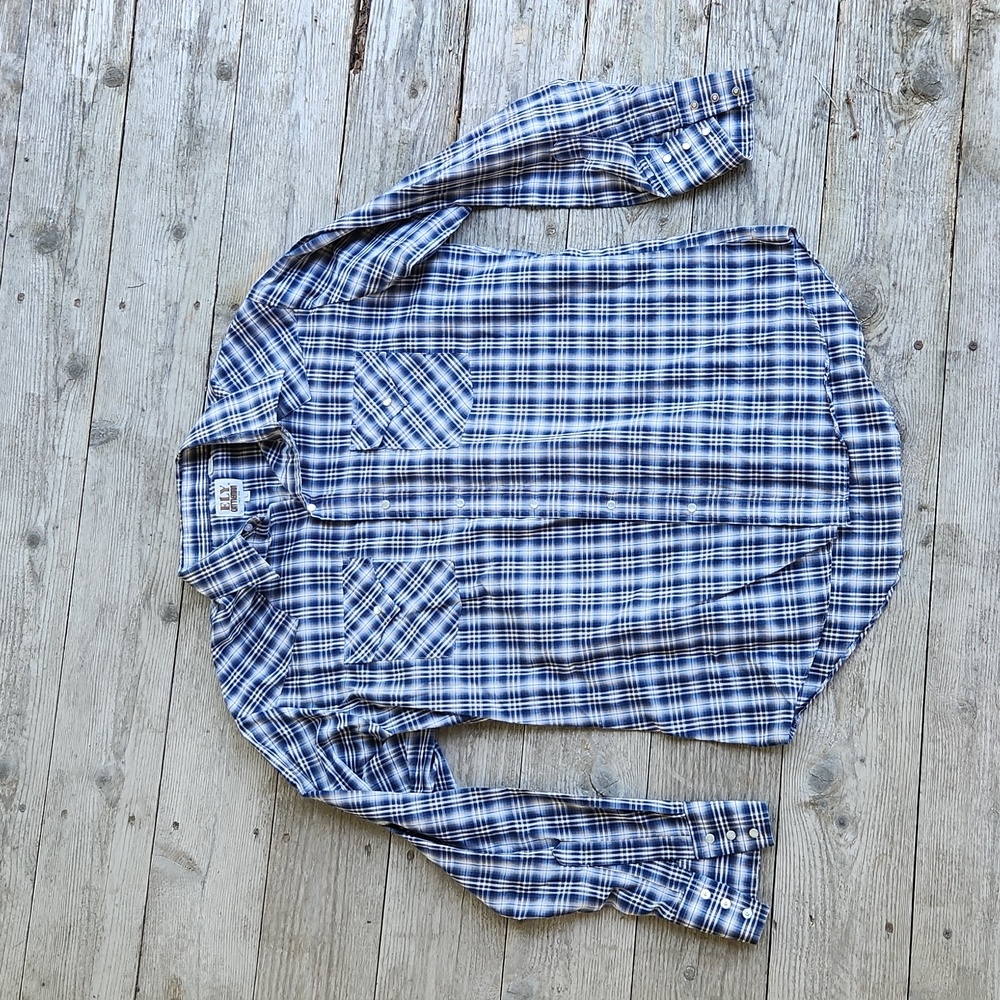 Ely Cattleman Men's Large Blue, brown, white Pearl Snap Button Down Shirt Plaid